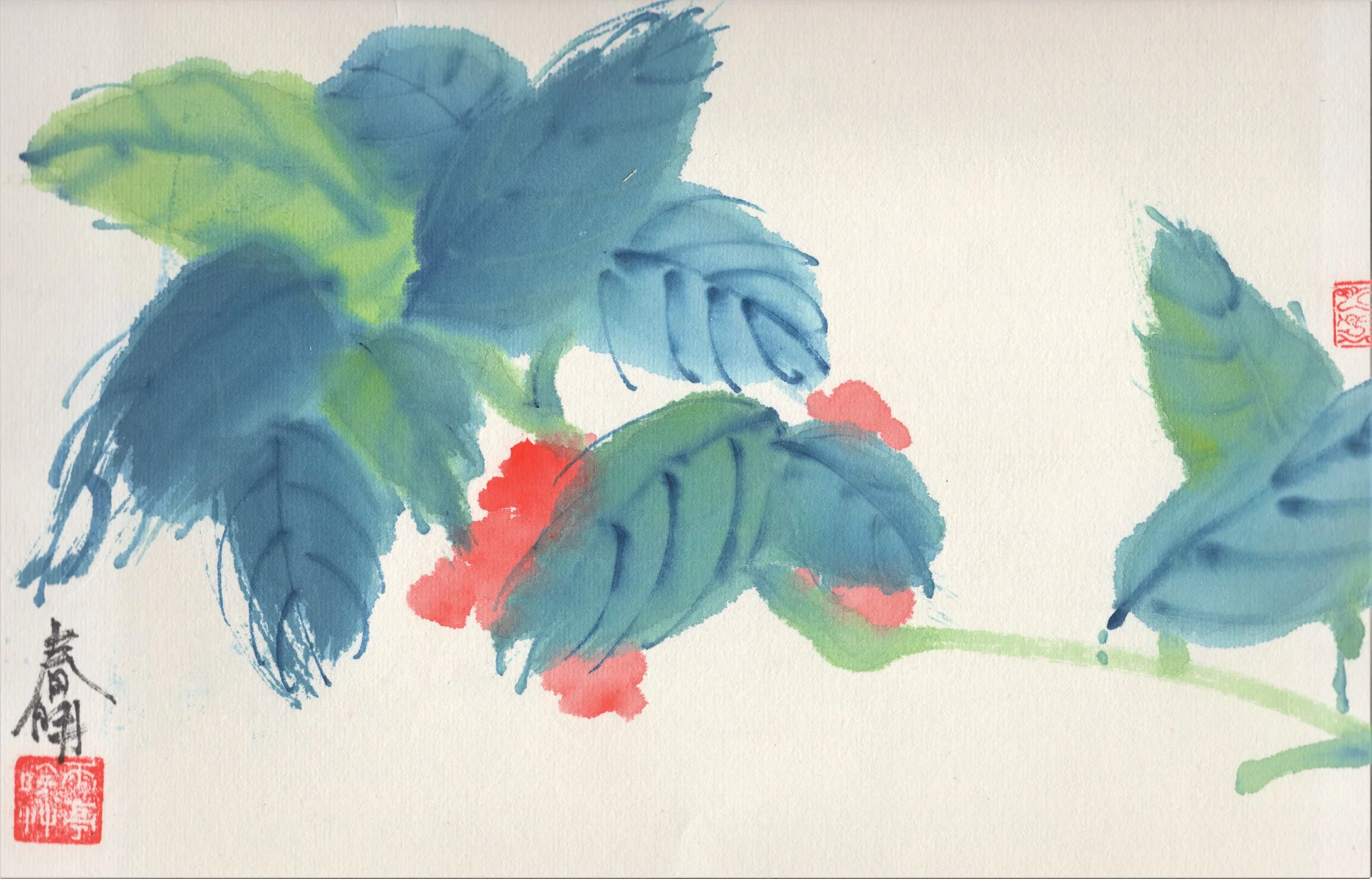 Blue, Green & Red - Original Sumi-e Painting - 14